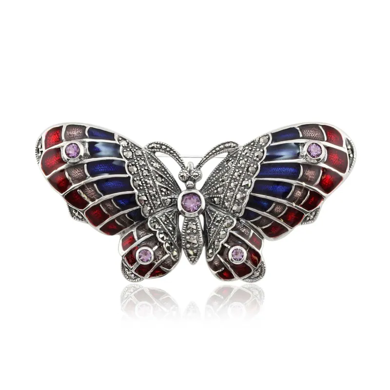 Art Nouveau Style Round Marcasite, Amethyst & Enamel Butterfly Brooch in 925 Sterling Silver sold by Gemondo Jewellery