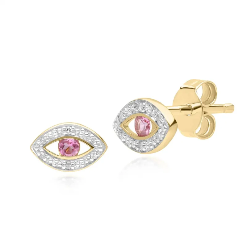 ECFEW™ Dainty Evil Eye Pink Tourmaline & Diamond Stud Earrings in 9ct Yellow Gold sold by Gemondo Jewellery