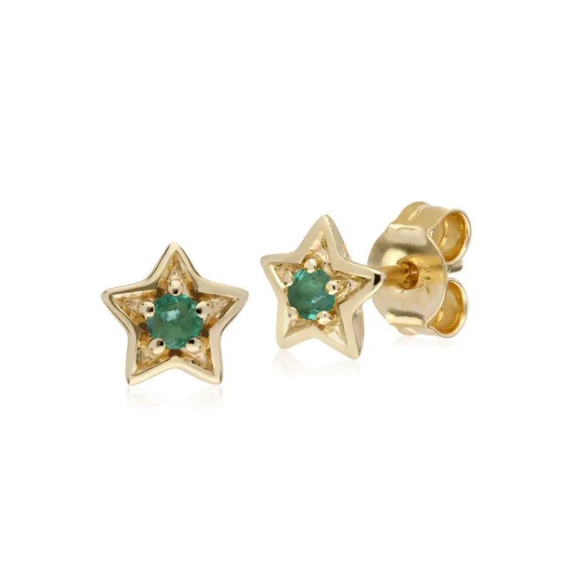 Classic Single Stone Round Emerald Star Stud Earrings in 9ct Yellow Gold sold by Gemondo Jewellery