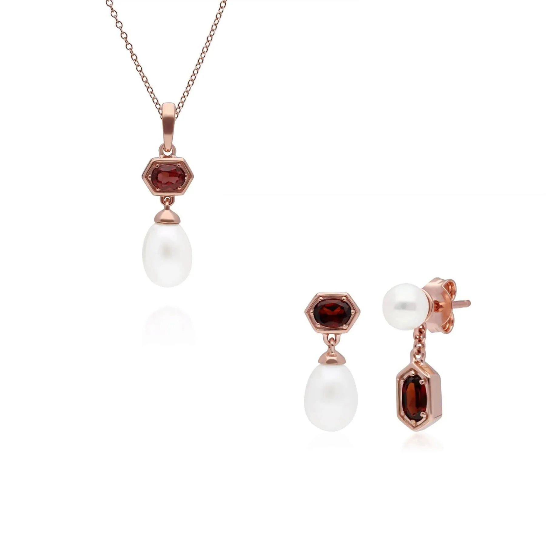 Modern Pearl & Garnet Pendant & Earring Set in Rose Gold Plated Silver sold by Gemondo Jewellery