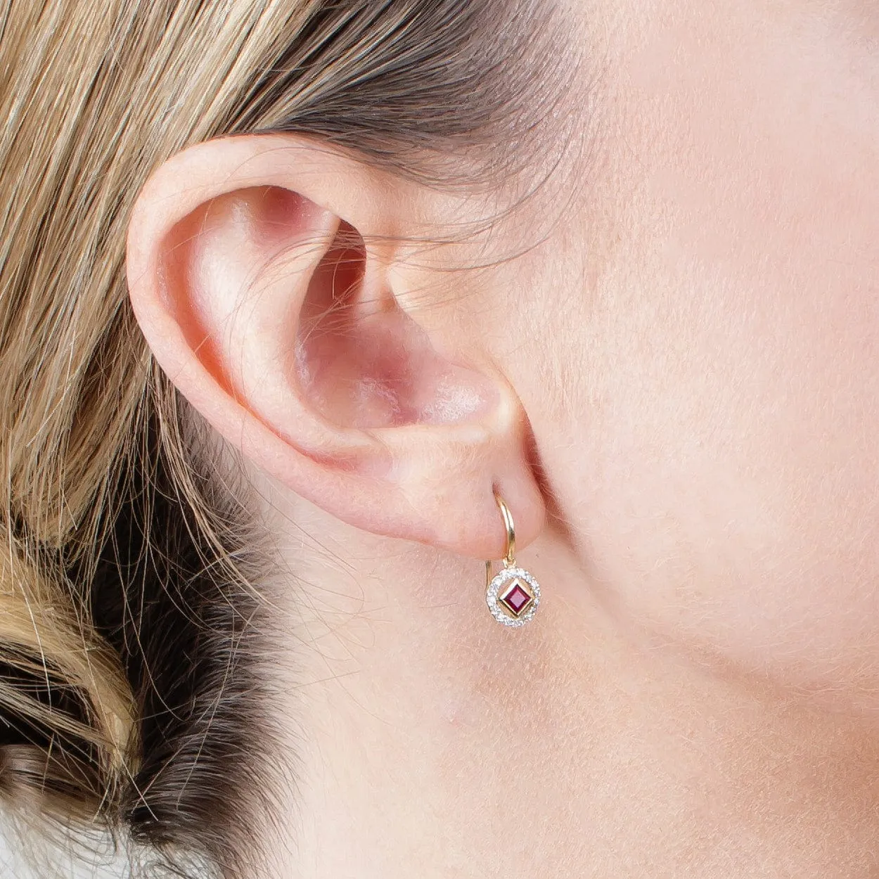 Classic Square Ruby & Diamond Halo Drop Earrings in 9ct Yellow Gold sold by Gemondo Jewellery product image thumbnail 2