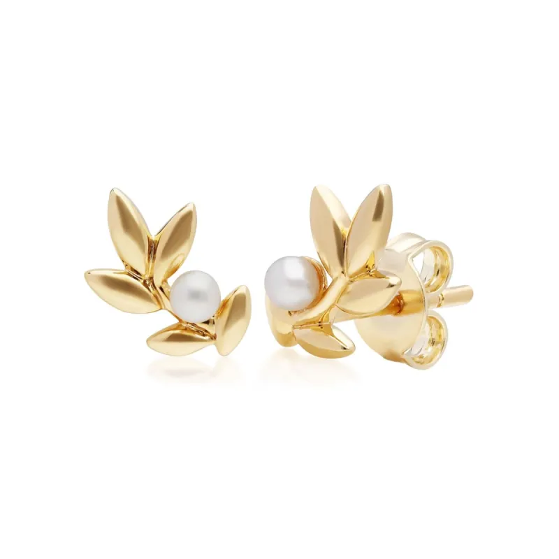 O Leaf Pearl Stud Earrings in Gold Plated Sterling Silver sold by Gemondo Jewellery
