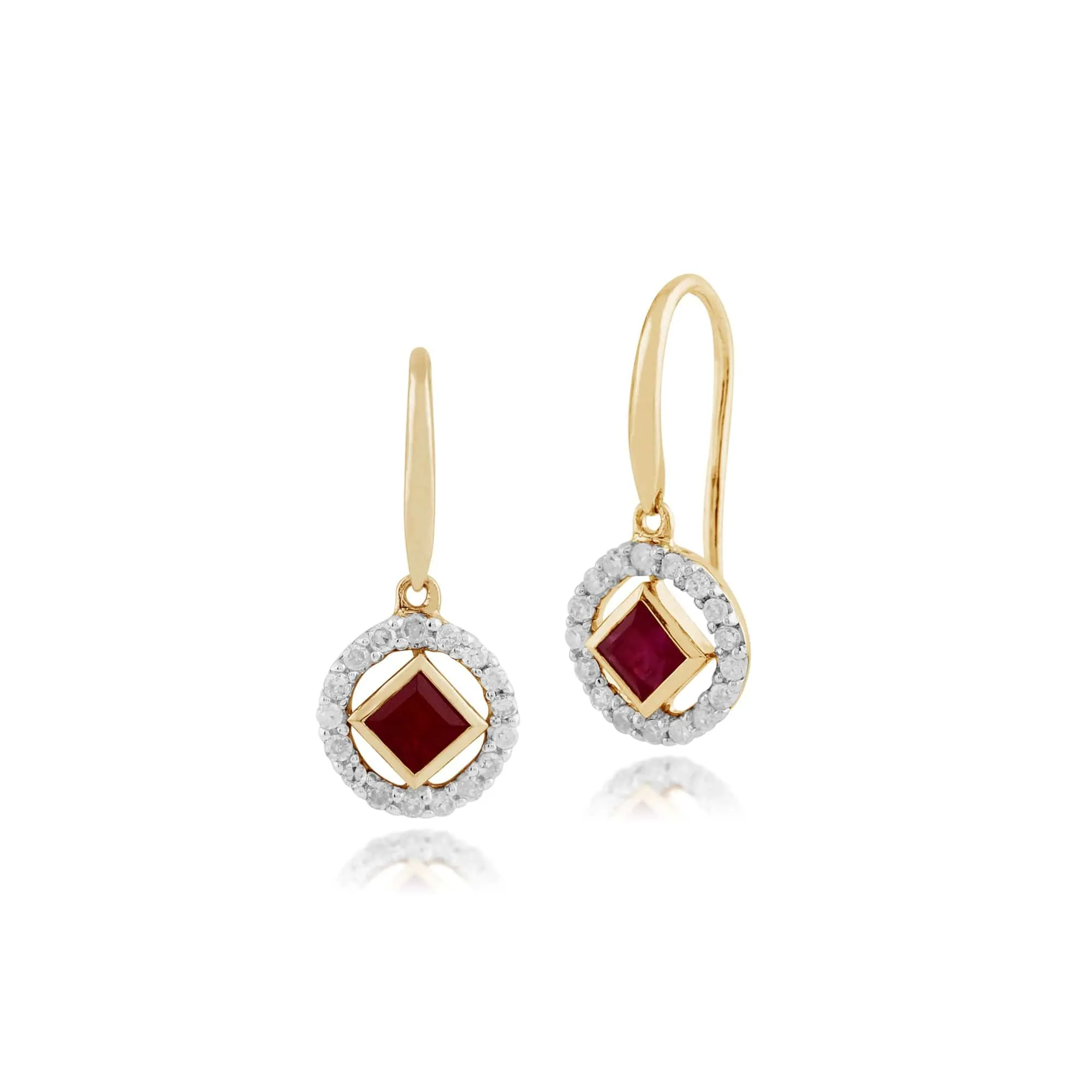 Classic Square Ruby & Diamond Halo Drop Earrings in 9ct Yellow Gold sold by Gemondo Jewellery