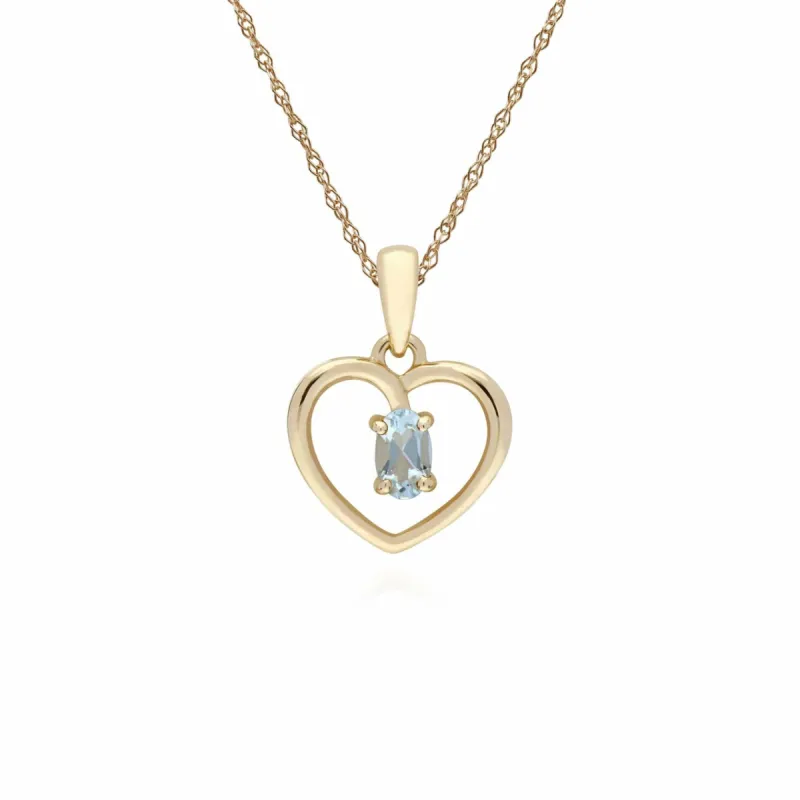 Classic Style Oval Aquamarine Love Heart Shaped Pendant in 9ct Yellow Gold sold by Gemondo Jewellery
