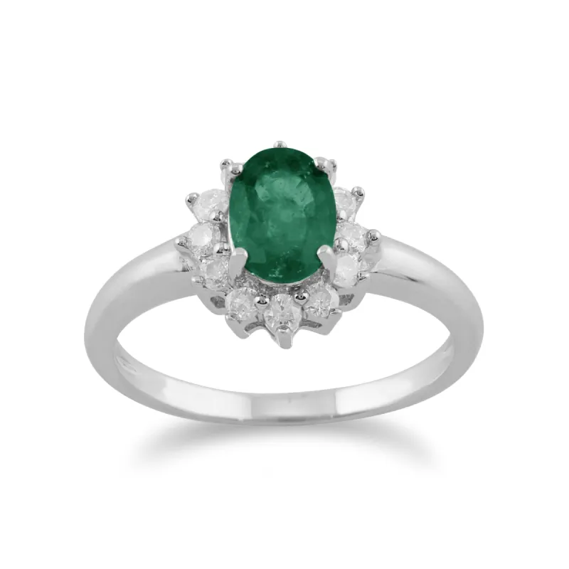 Classic Oval Emerald & Diamond Cluster Ring in 9ct White Gold sold by Gemondo Jewellery