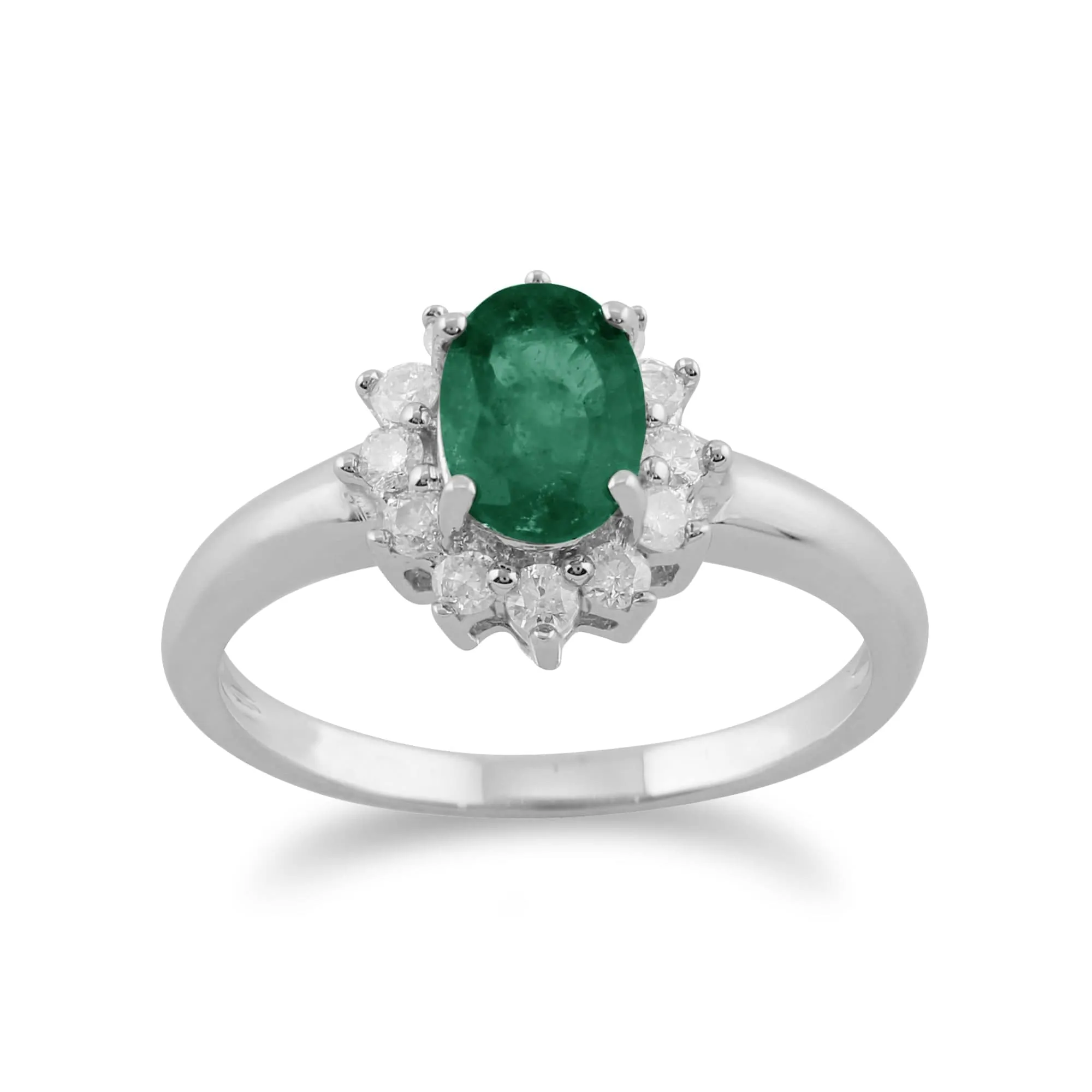 Classic Oval Emerald & Diamond Cluster Ring in 9ct White Gold sold by Gemondo Jewellery