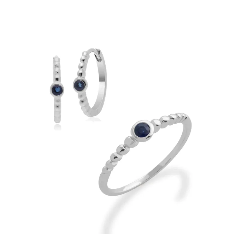 Essential Round Sapphire Hoop Earrings & Ring Set in 925 Sterling Silver sold by Gemondo Jewellery
