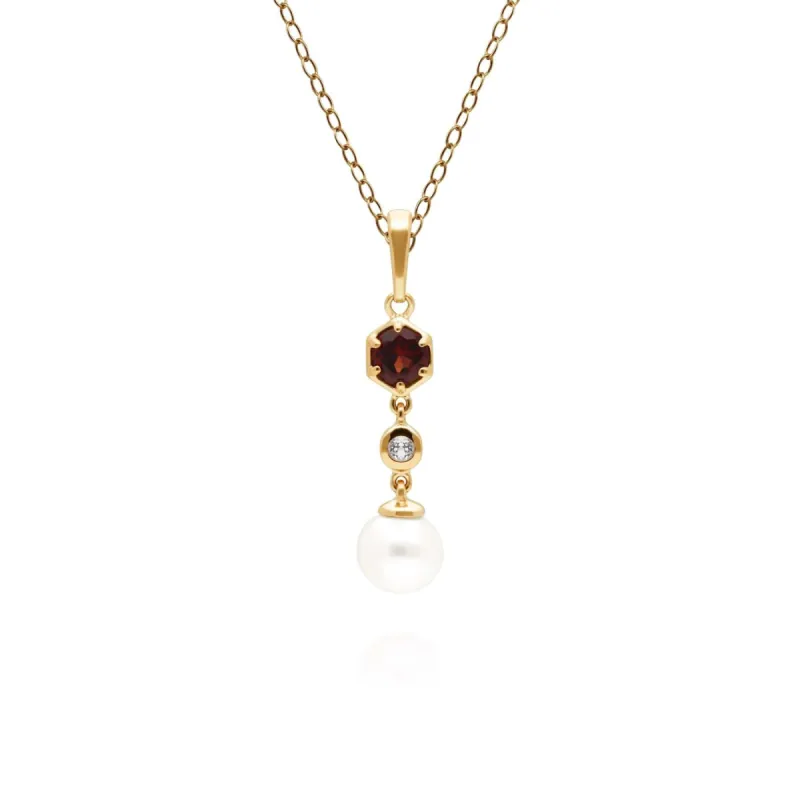 Modern Pearl, Garnet & Topaz Drop Pendant in Gold Plated Sterling Silver sold by Gemondo Jewellery