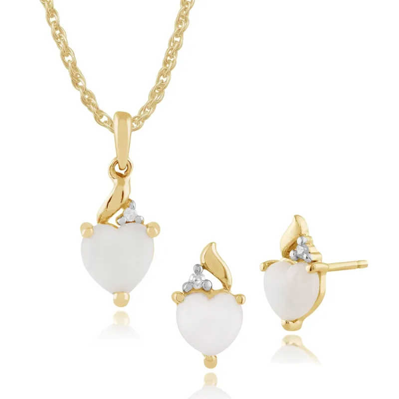 Classic Heart Opal & Diamond Love Heart Stud Earrings & Pendant Set in 9ct Yellow Gold sold by Gemondo Jewellery