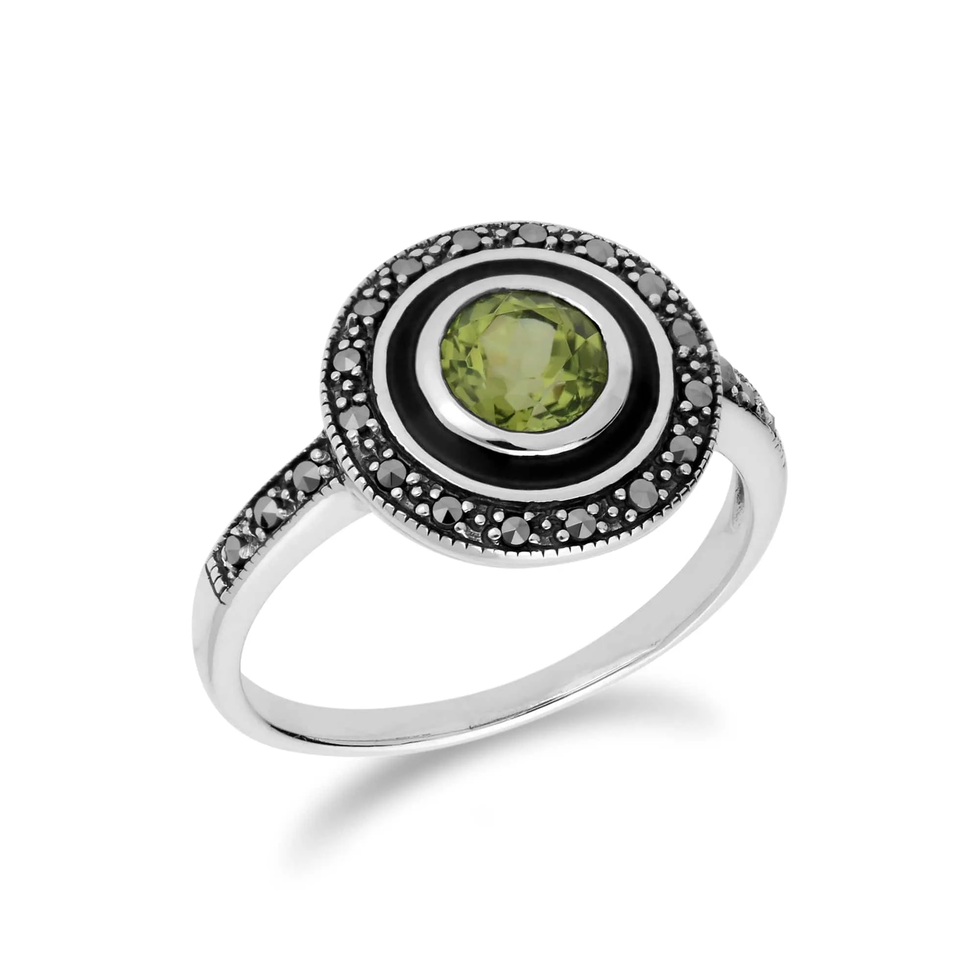 Art Deco Style Round Peridot & Black Enamel Halo Ring in 925 Sterling Silver sold by Gemondo Jewellery