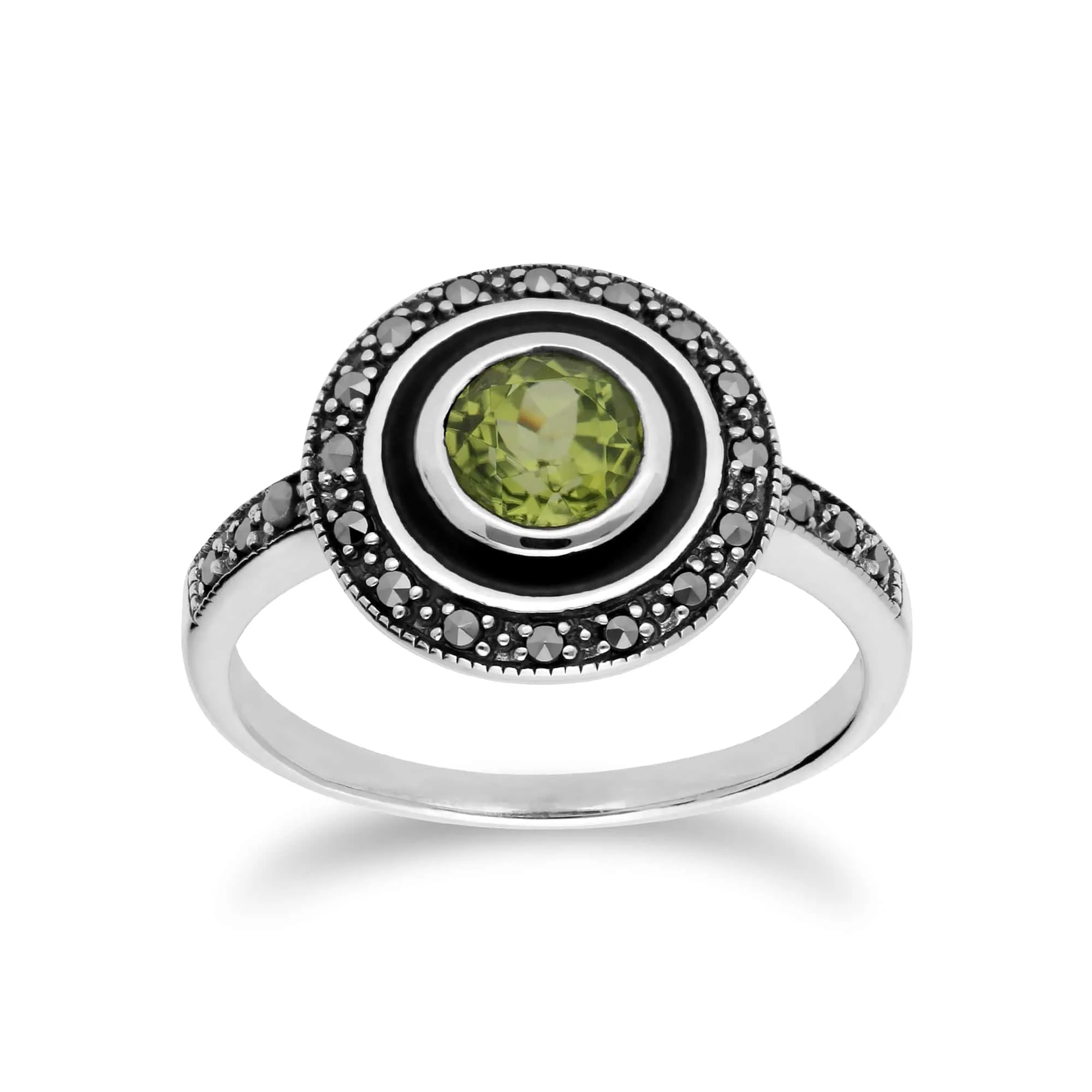 Art Deco Style Round Peridot & Black Enamel Halo Ring in 925 Sterling Silver sold by Gemondo Jewellery product image thumbnail 2