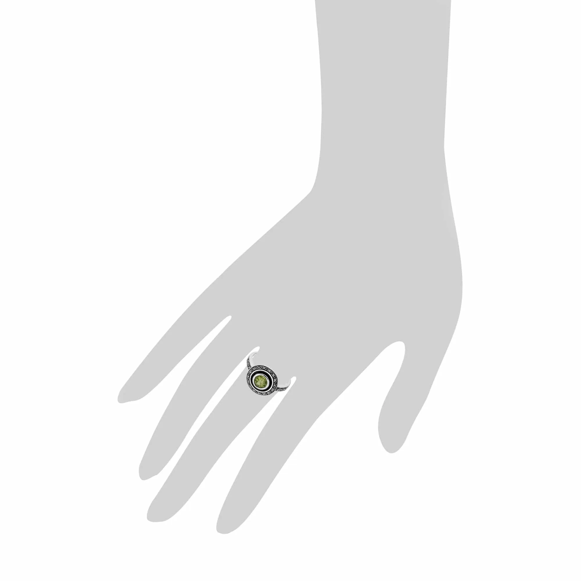 Art Deco Style Round Peridot & Black Enamel Halo Ring in 925 Sterling Silver sold by Gemondo Jewellery product image thumbnail 3
