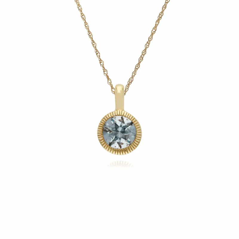 Classic Single Stone Round Aquamarine Milgrain Pendant in 9ct Yellow Gold sold by Gemondo Jewellery
