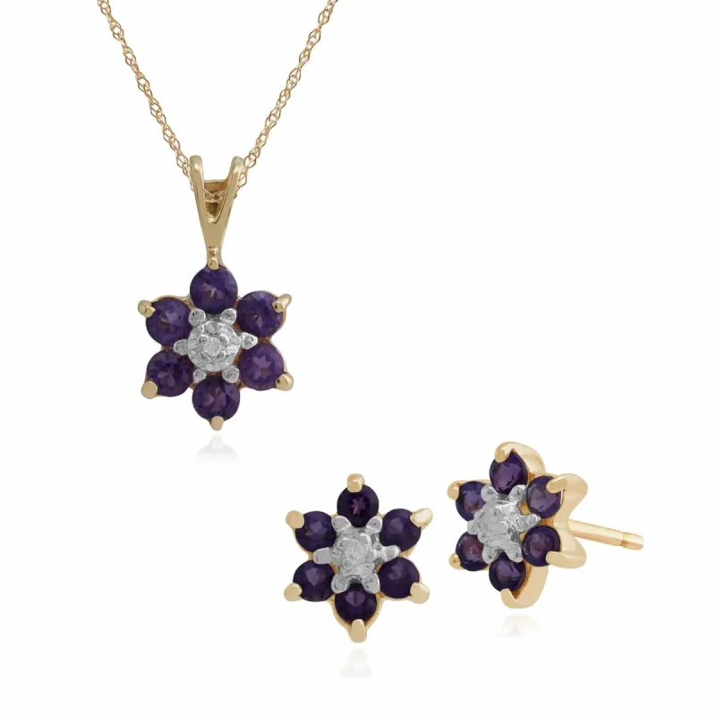 Floral Round Amethyst & Diamond Cluster Stud Earrings & Pendant Set in 9ct Yellow Gold sold by Gemondo Jewellery