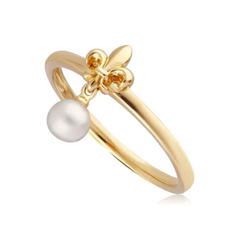 ECFEW™ Pearl Fleur De Lis Ring In 9ct Yellow Gold sold by Gemondo Jewellery