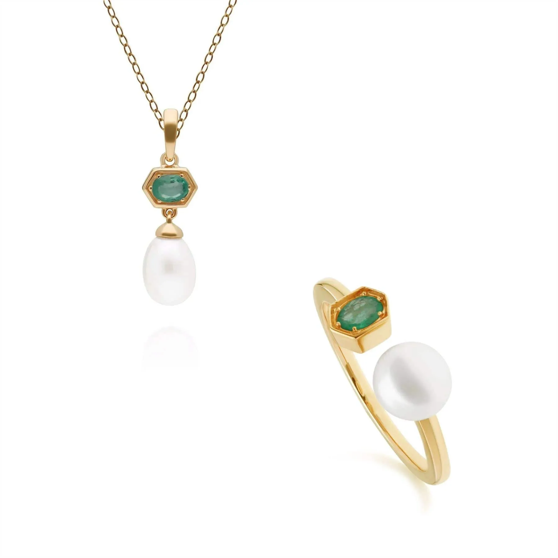 Modern Pearl & Emerald Pendant & Ring Set in Gold Plated Silver sold by Gemondo Jewellery