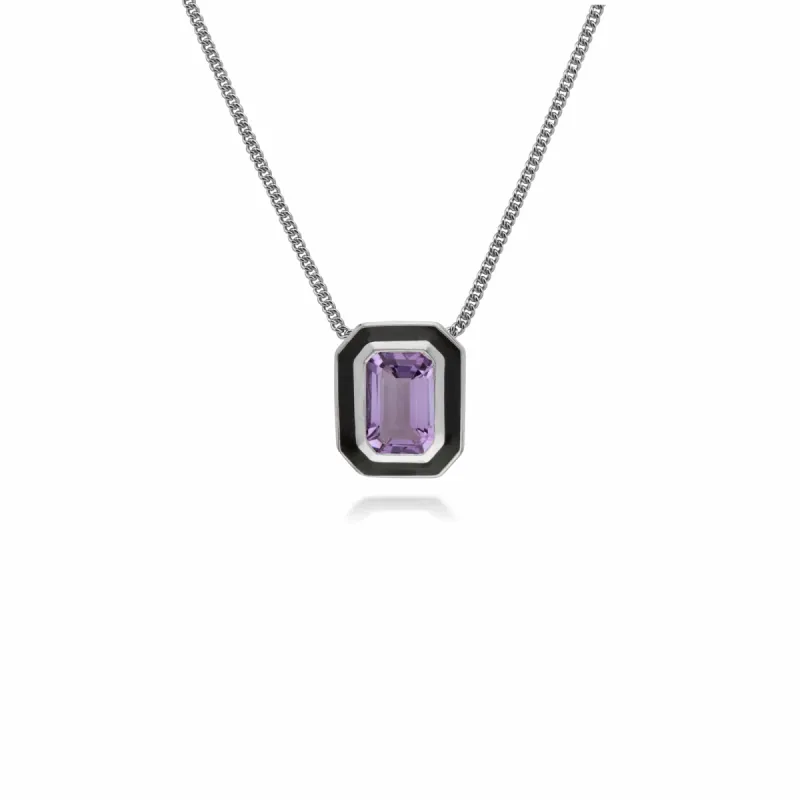 Art Deco Style Octagon Amethyst & Black Enamel Pendant in 925 Sterling Silver sold by Gemondo Jewellery