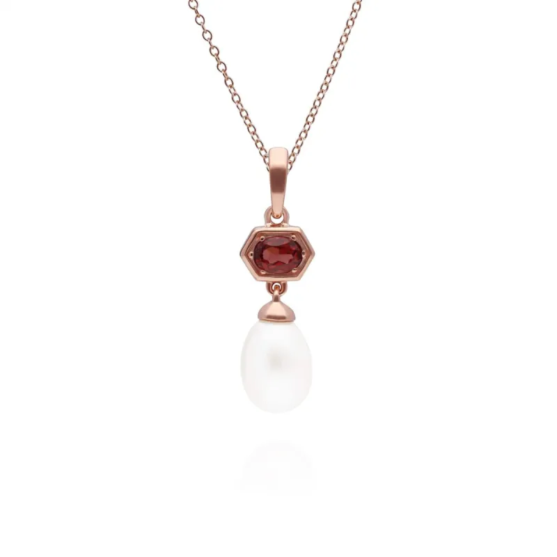 Modern Pearl & Garnet Hexagon Drop Pendant in Rose Gold Plated Silver sold by Gemondo Jewellery