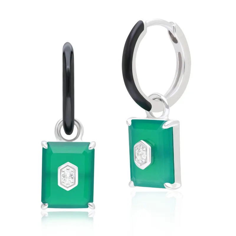 Grand Deco Black Enamel, Green Chalcedony & Topaz Dangle Hoop Earrings in Sterling Silver sold by Gemondo Jewellery