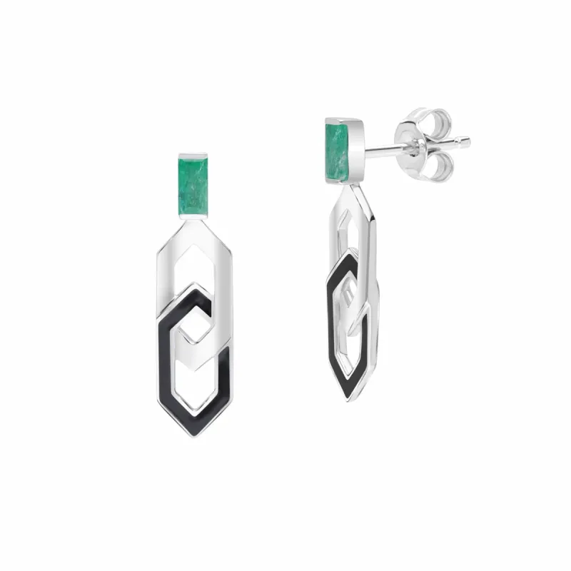 Grand Deco Enamel & Emerald Link Drop Earrings in 9ct White Gold sold by Gemondo Jewellery