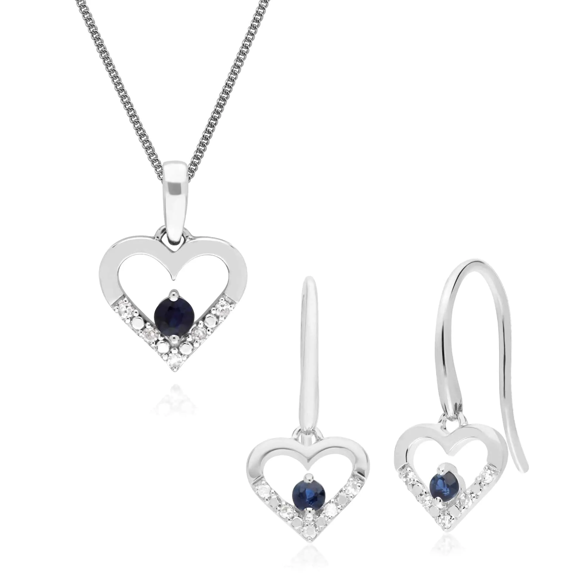 Classic Sapphire & Diamond Heart Drop Earrings & Pendant Set in 9ct White Gold sold by Gemondo Jewellery