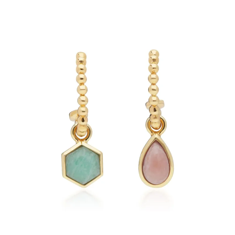 Micro Statement Rhodochrosite & Amazonite Mismatched Hoop Earrings In Yellow Gold Plated Silver sold by Gemondo Jewellery