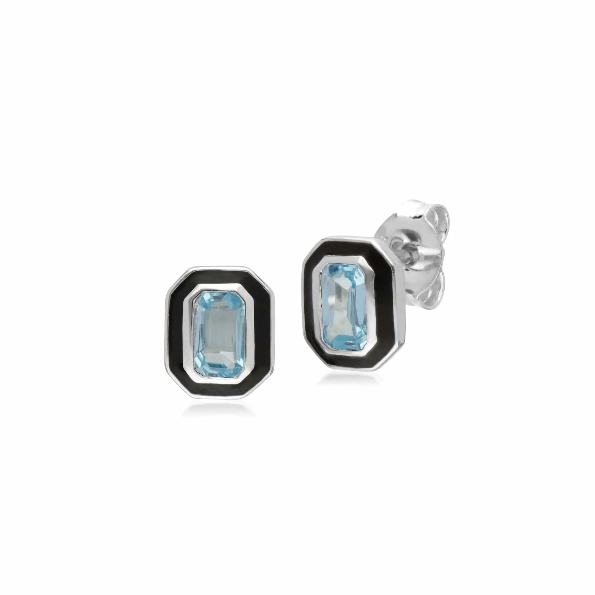 Art Deco Style Octagon Blue Topaz & Black Enamel Stud Earrings In Sterling Silver sold by Gemondo Jewellery