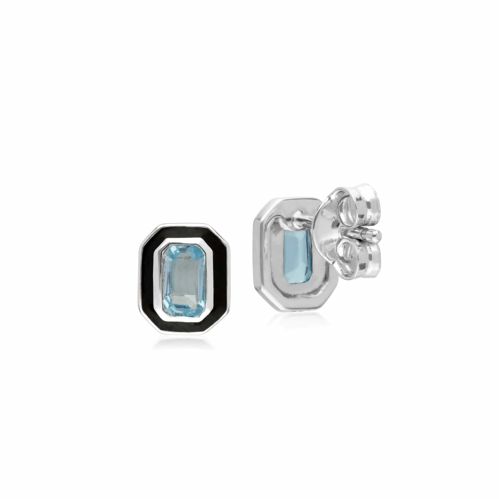 Art Deco Style Octagon Blue Topaz & Black Enamel Stud Earrings In Sterling Silver sold by Gemondo Jewellery product image thumbnail 2