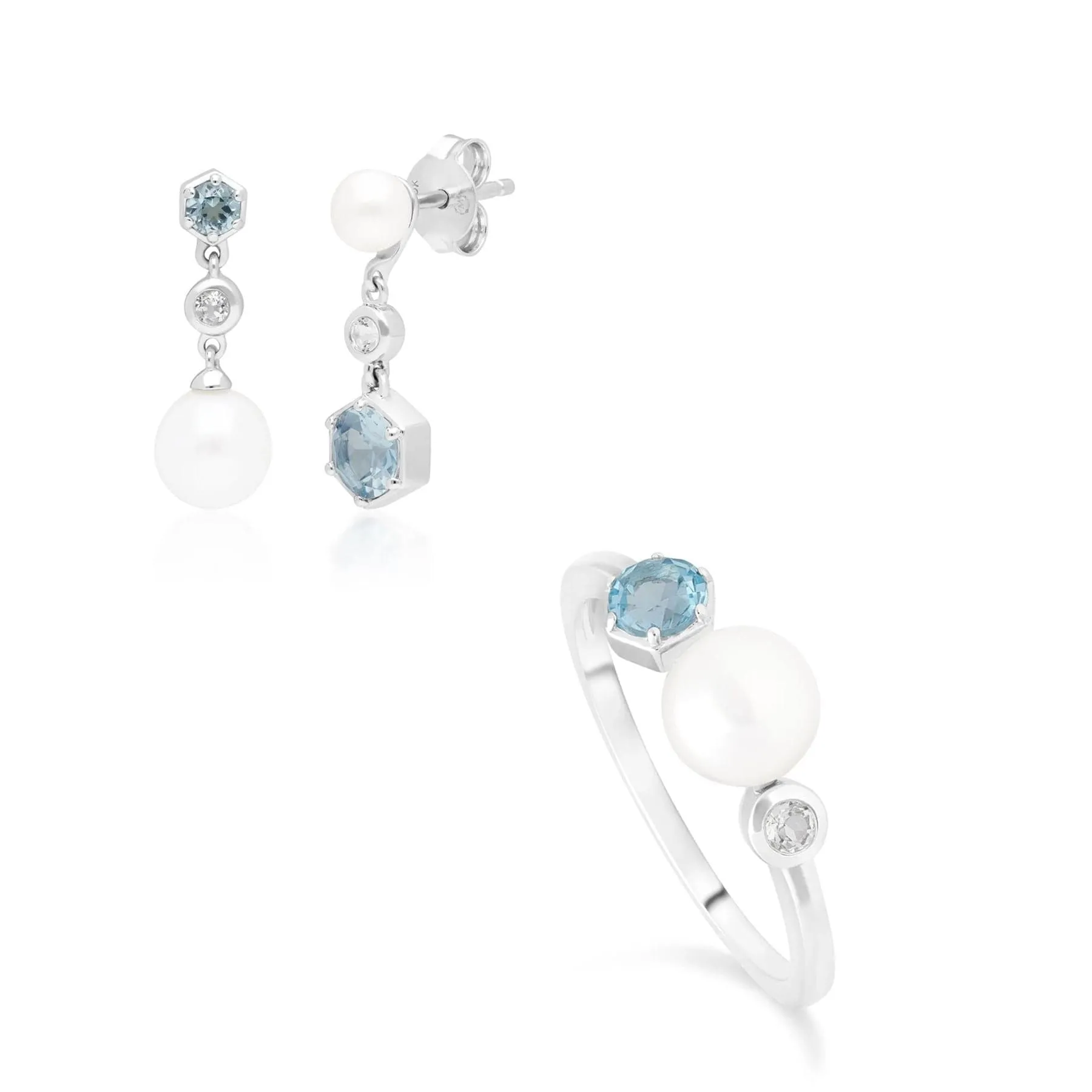 Modern Pearl & Topaz Ring & Drop Earring Set in Silver sold by Gemondo Jewellery