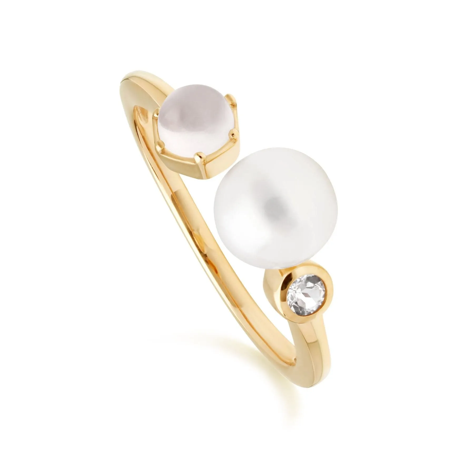 Modern Pearl, Moonstone & White Topaz Open Ring in Gold Plated Silver sold by Gemondo Jewellery