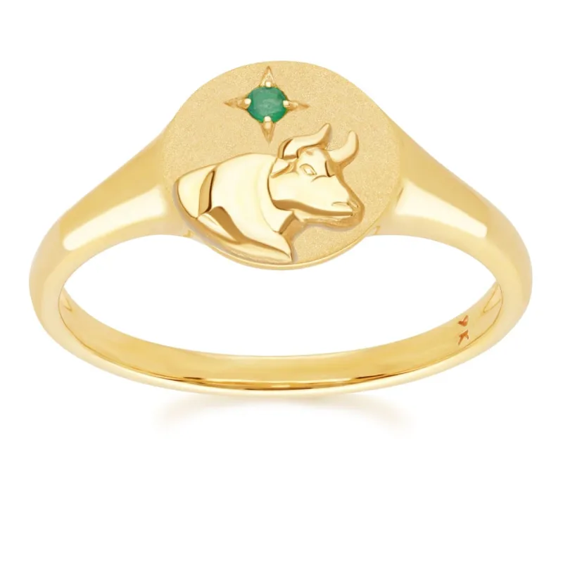 Zodiac Emerald Taurus Signet Ring In 9ct Yellow Gold sold by Gemondo Jewellery