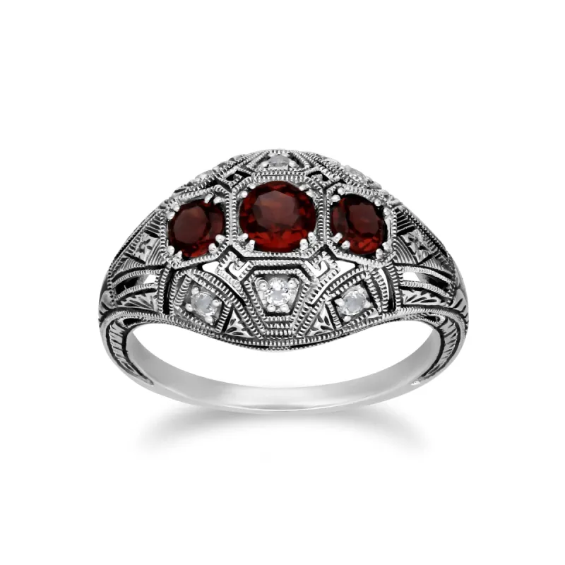 Art Deco Style Round Garnet & White Topaz Three Stone Ring in 925 Sterling Silver sold by Gemondo Jewellery