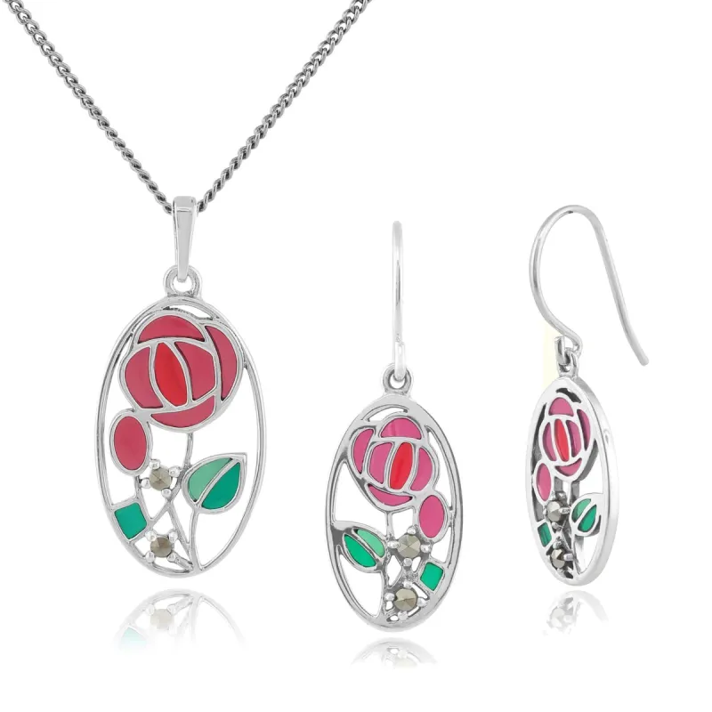 Rennie Mackintosh Inspired Inspired Enamel Glasgow Rose Oval Drop Earrings & Pendant in 925 Sterling Silver sold by Gemondo Jewellery