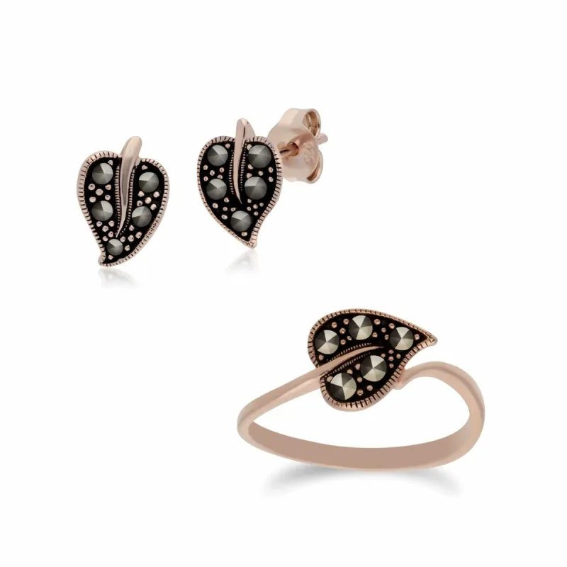 Rose Gold Plated Silver Marcasite Leaf Stud Earrings & Ring Set sold by Gemondo Jewellery