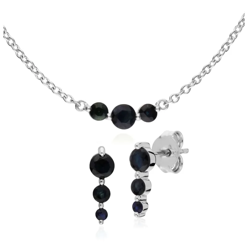 Classic Round Sapphire Three Stone Earrings & Necklace Set in 925 Sterling Silver sold by Gemondo Jewellery