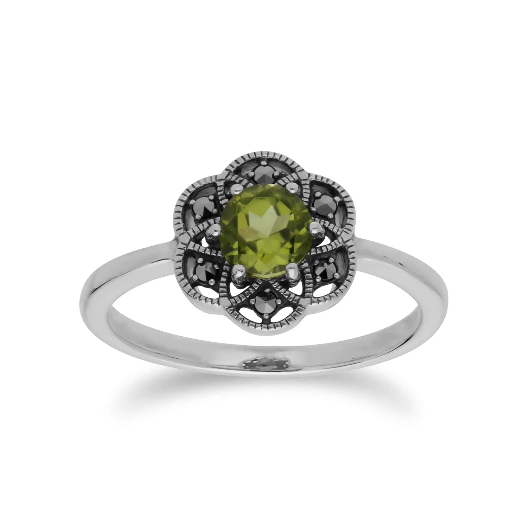 Floral Round Peridot & Marcasite Daisy Ring in 925 Sterling Silver sold by Gemondo Jewellery