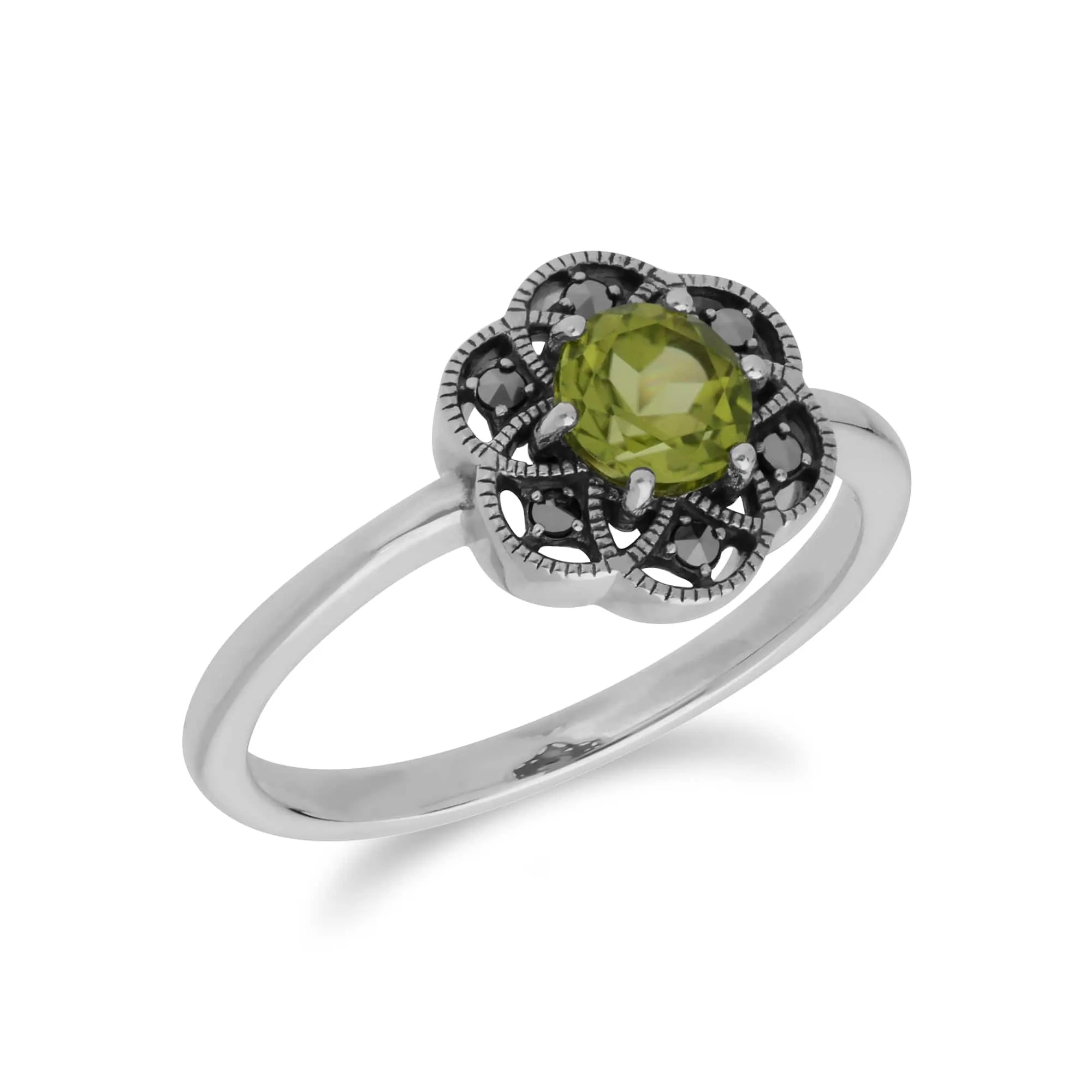 Floral Round Peridot & Marcasite Daisy Ring in 925 Sterling Silver sold by Gemondo Jewellery product image thumbnail 2