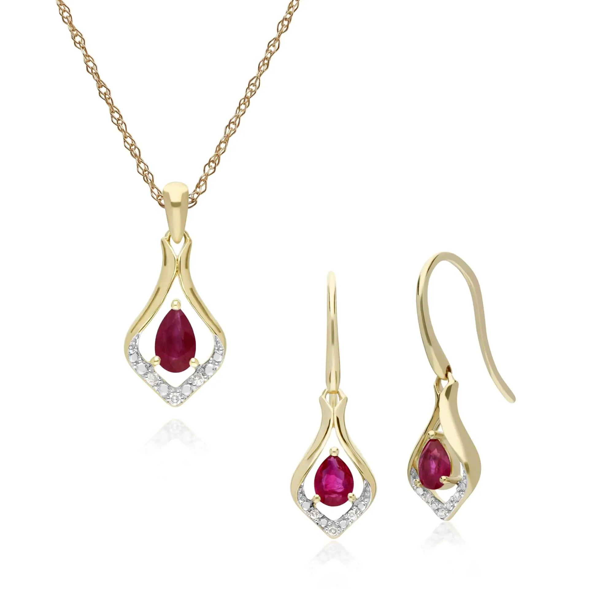 Classic Ruby & Diamond Leaf Drop Earrings & Pendant Set in 9ct Yellow Gold sold by Gemondo Jewellery