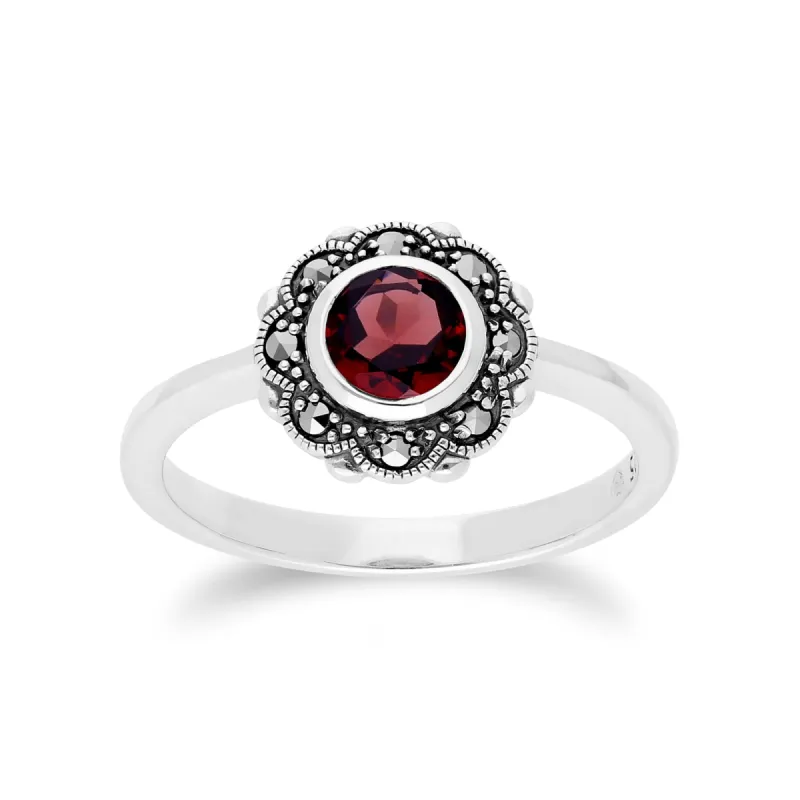 Floral Round Garnet & Marcasite Halo Ring in 925 Sterling Silver sold by Gemondo Jewellery