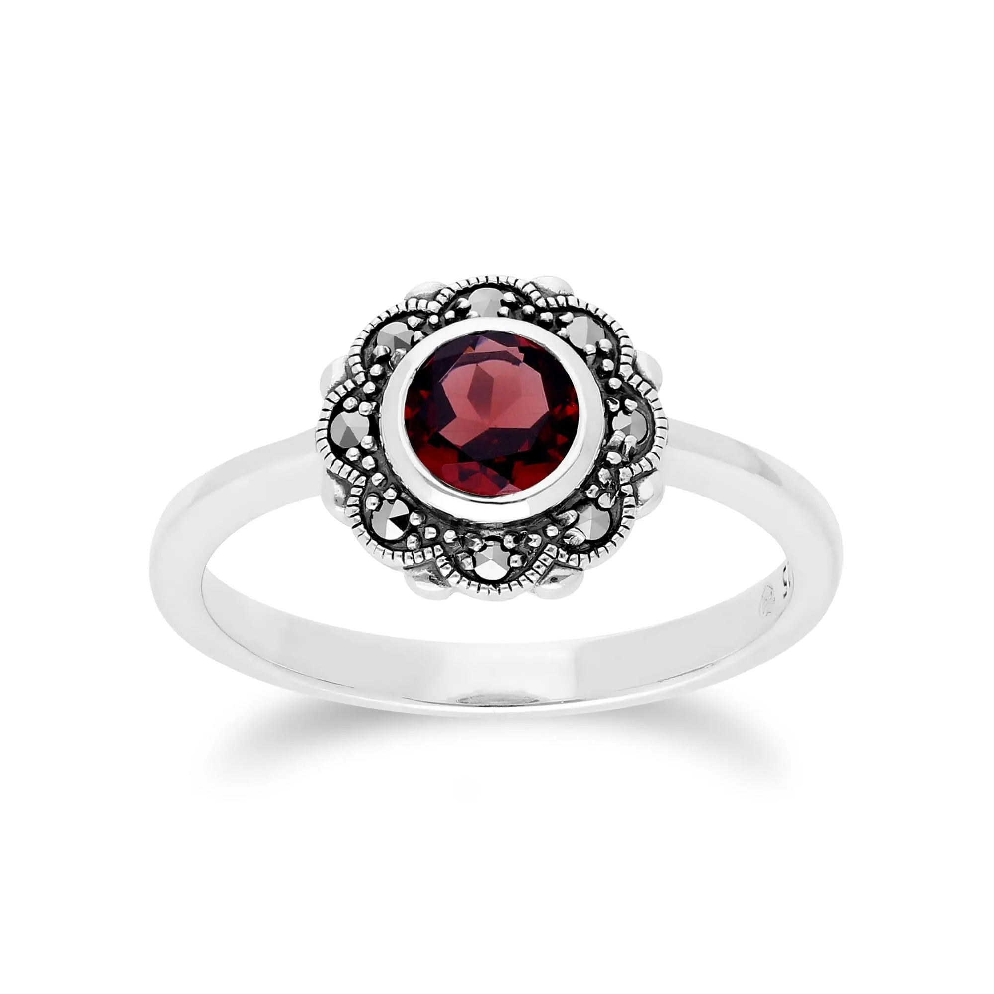Floral Round Garnet & Marcasite Halo Ring in 925 Sterling Silver sold by Gemondo Jewellery