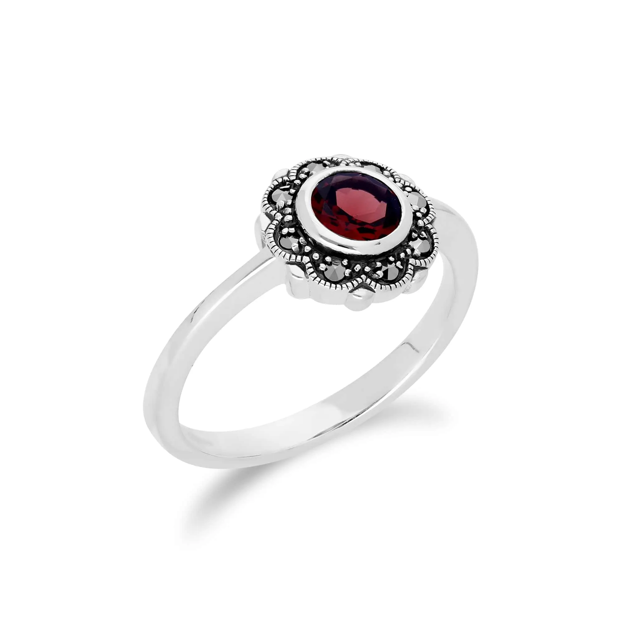 Floral Round Garnet & Marcasite Halo Ring in 925 Sterling Silver sold by Gemondo Jewellery product image thumbnail 2