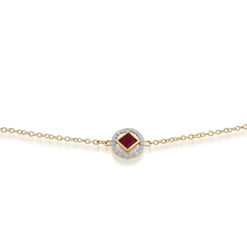 Classic Square Ruby & Diamond Halo Bracelet in 9ct Yellow Gold sold by Gemondo Jewellery