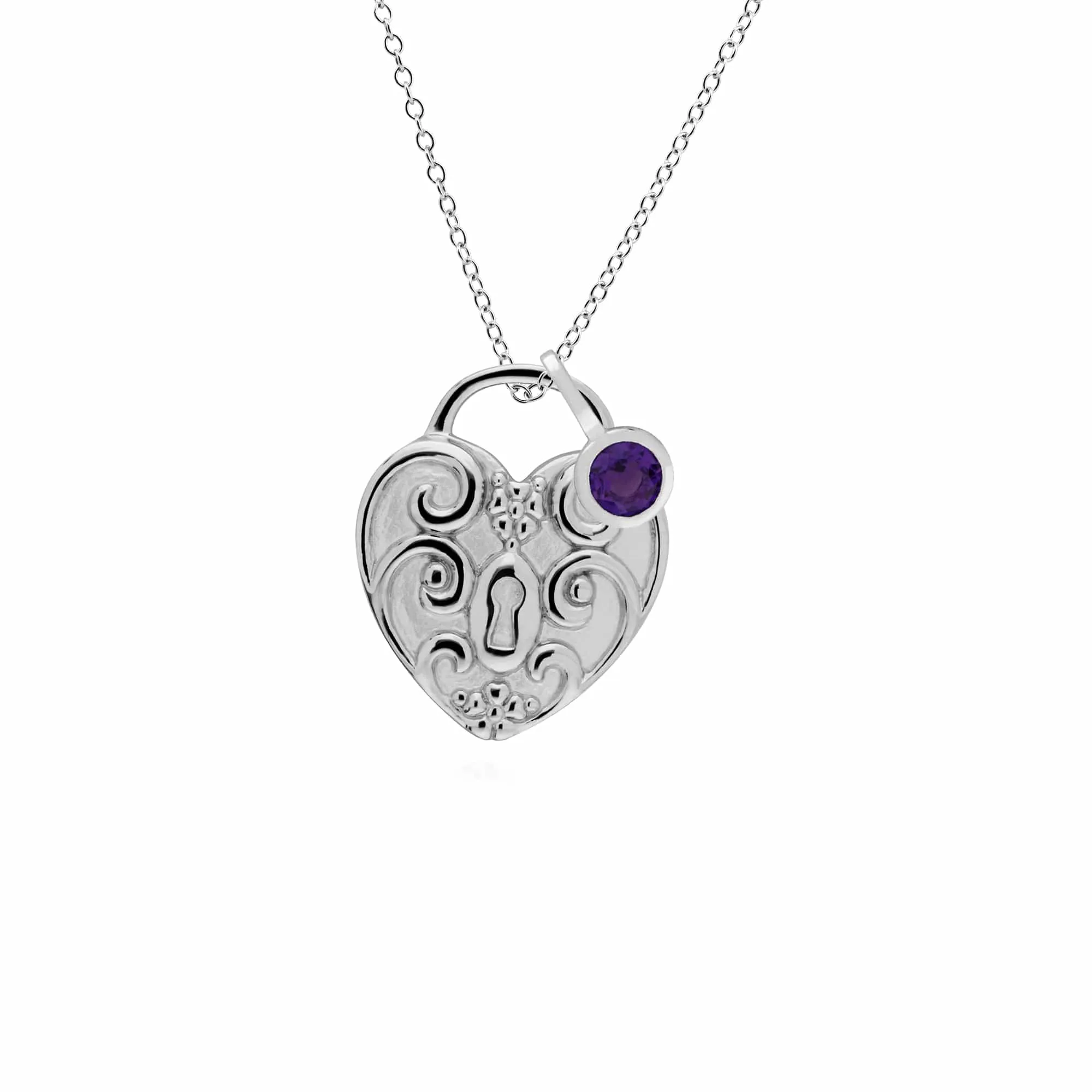 Classic Swirl Heart Lock Pendant & Amethyst Charm in 925 Sterling Silver sold by Gemondo Jewellery