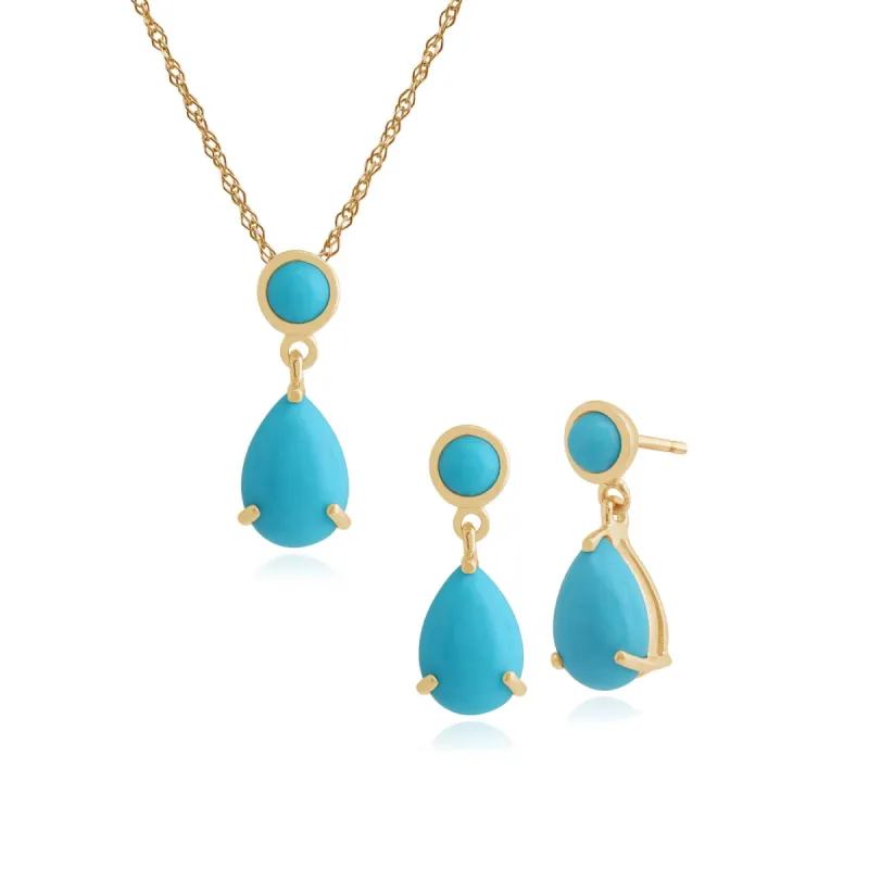 Classic Pear & Round Turquoise Drop Earrings & Pendant Set in 9ct Yellow Gold sold by Gemondo Jewellery