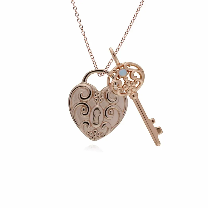 Classic Swirl Heart Lock Pendant & Opal Big Key Charm in Rose Gold Plated 925 Sterling Silver sold by Gemondo Jewellery