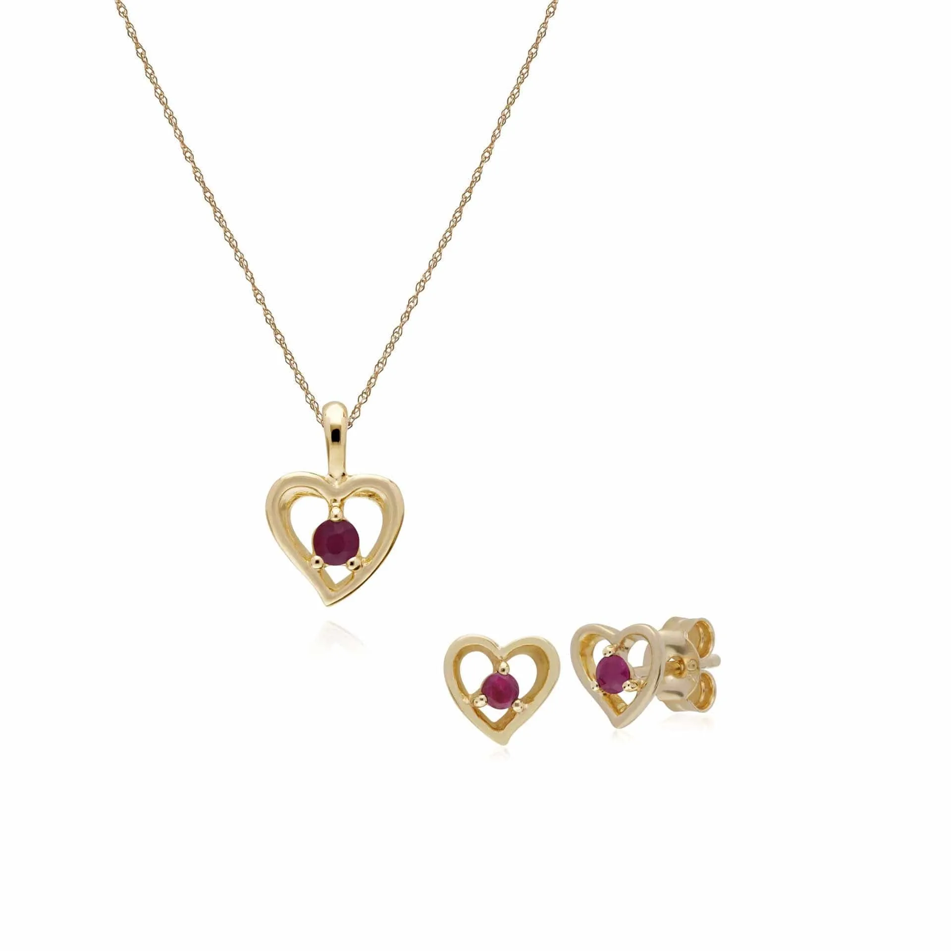 Classic Round Ruby Single Stone Heart Stud Earrings & Necklace Set in 9ct Yellow Gold sold by Gemondo Jewellery