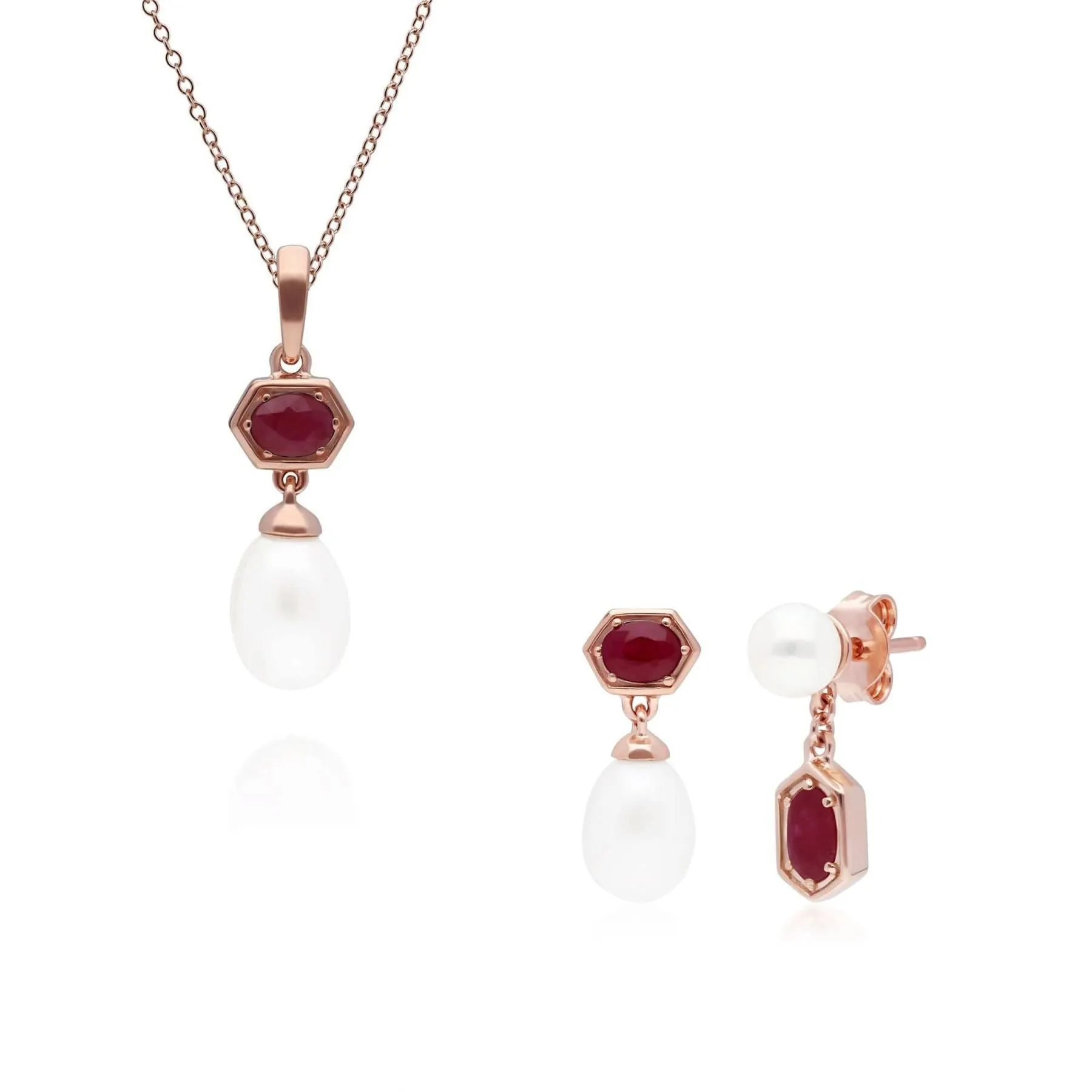 Modern Pearl & Ruby Pendant & Earring Set in Rose Gold Plated Silver sold by Gemondo Jewellery