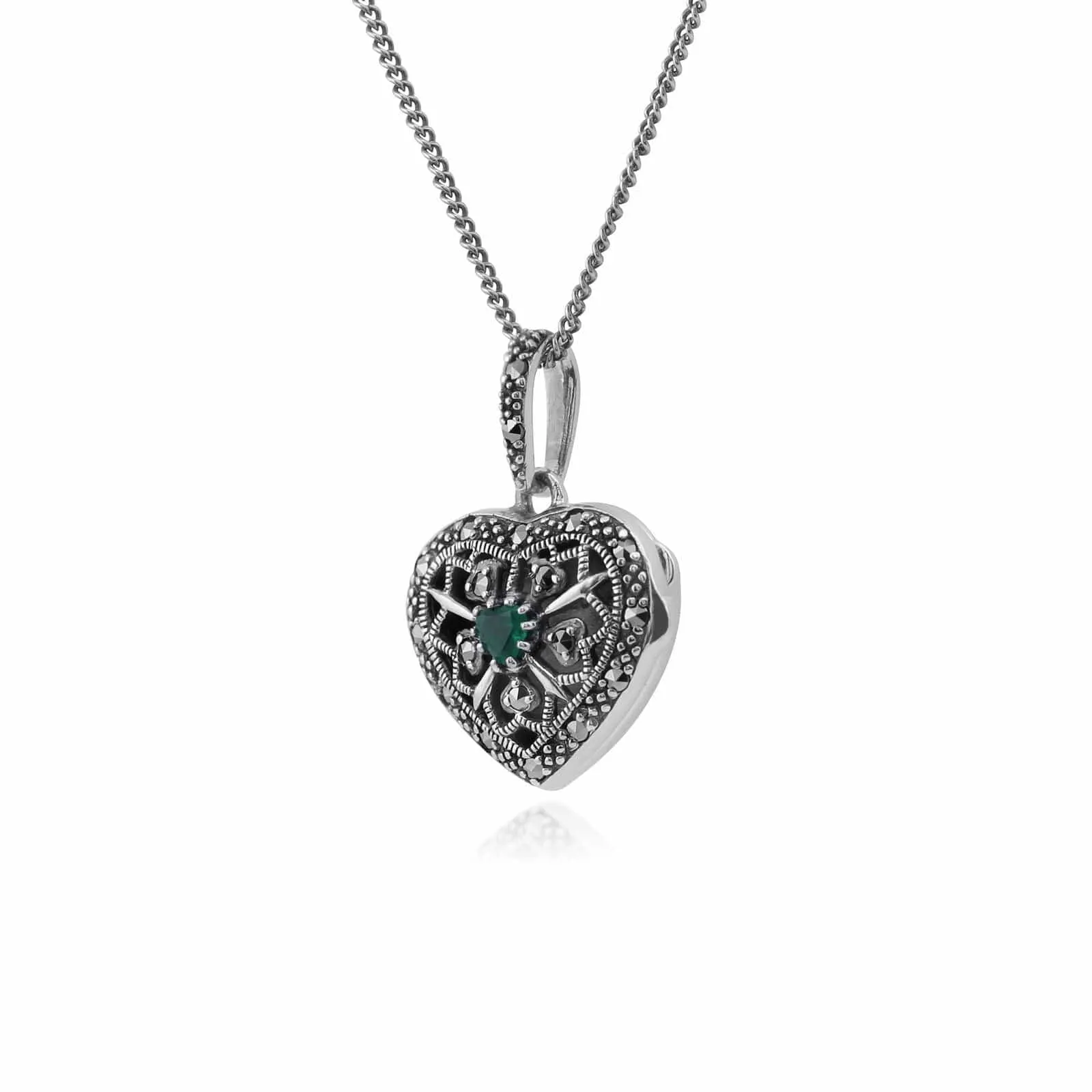 Art Nouveau Style Round Emerald & Marcasite Heart Necklace in 925 Sterling Silver sold by Gemondo Jewellery product image thumbnail 2