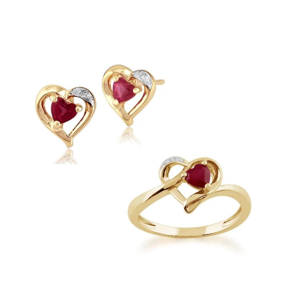 Classic Round Ruby & Diamond Heart Stud Earrings & Ring Set in 9ct Yellow Gold sold by Gemondo Jewellery