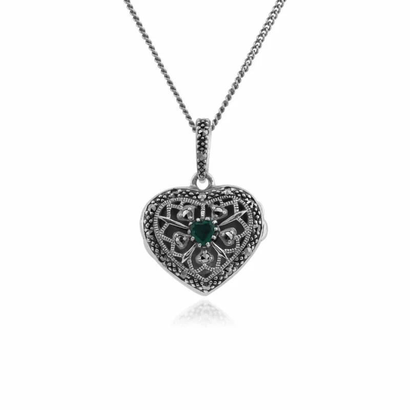 Art Nouveau Style Round Emerald & Marcasite Heart Necklace in 925 Sterling Silver sold by Gemondo Jewellery